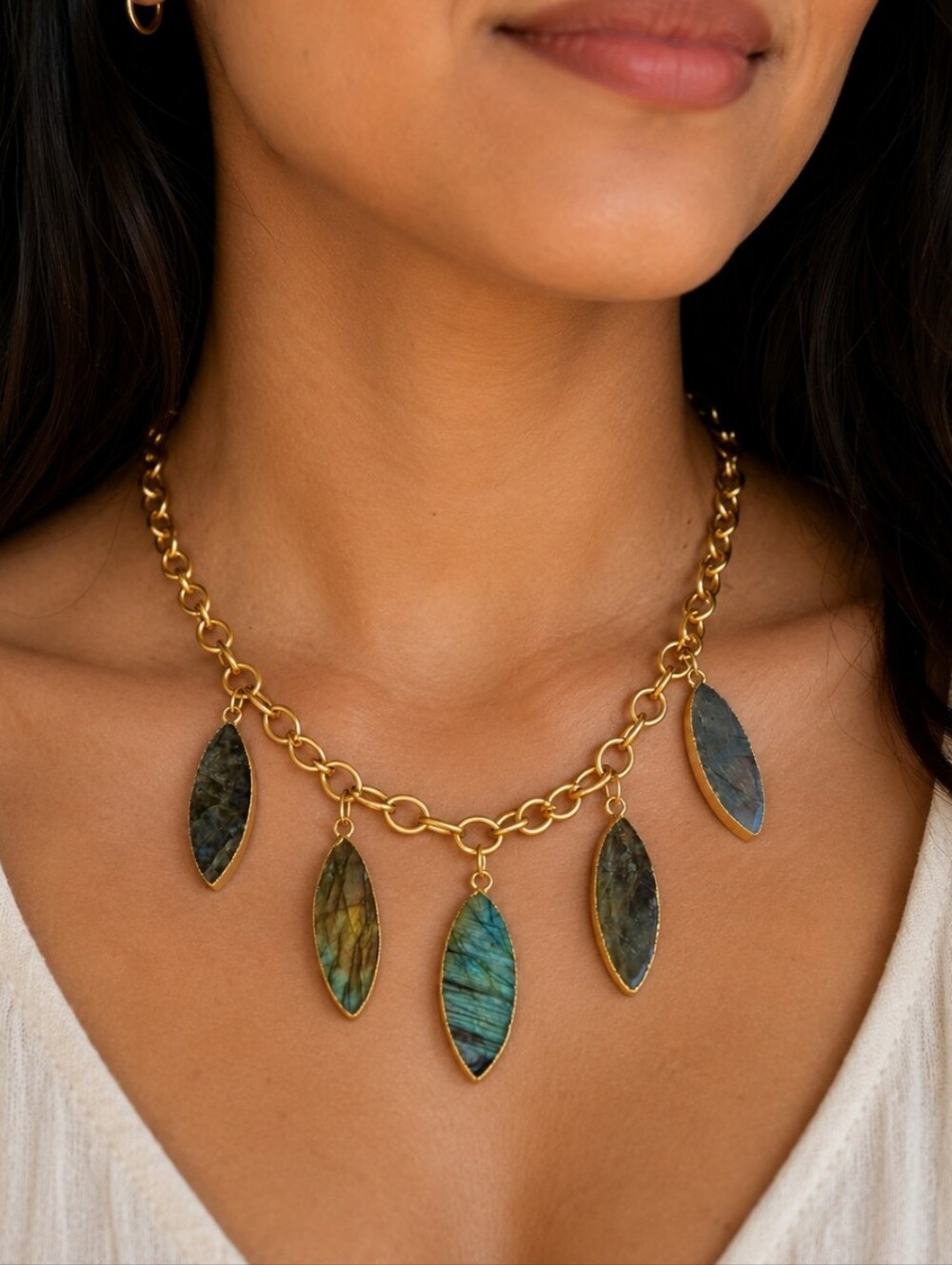 Handmade Labradorite Leaves Necklace 10k Gold Plate
